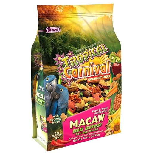 F.M. Brown's Tropical Carnival, Gourmet Macaw Food Big Bites for Big Beaks - Seeds, Veggies, Fruits, and Nuts with Probiotics - 14 lb