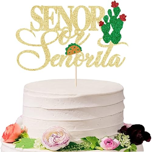 Senor o Senorita - Decoración para tartas mexicanas, fiesta de baby shower, fiesta de cinco de mayo, con lazo de cactus, sombrero de maracas, tema