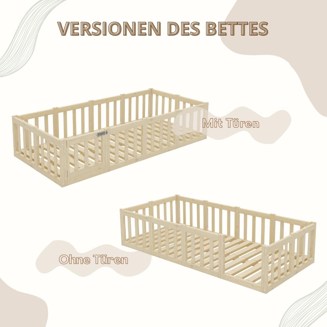 Kinderbett 140x180 cm – Montessori Bodenbett mit Rausfallschutz 40cm und Öffnbarer Barriere - Natürlichem Holz mit Glatter Oberfläche - Perfekt für Jungen und Mädchen Crazy Johnny