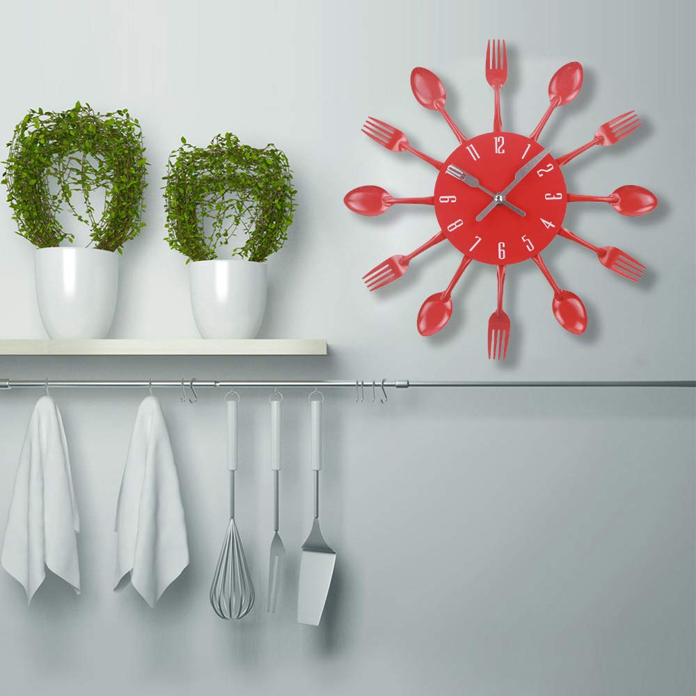 Reloj de pared para cocina, cubertería de cocina, con tenedores y cucharas, 3D, extraíble, moderno, creativo, para decoración de la habitación del hogar y regalos bonitos
