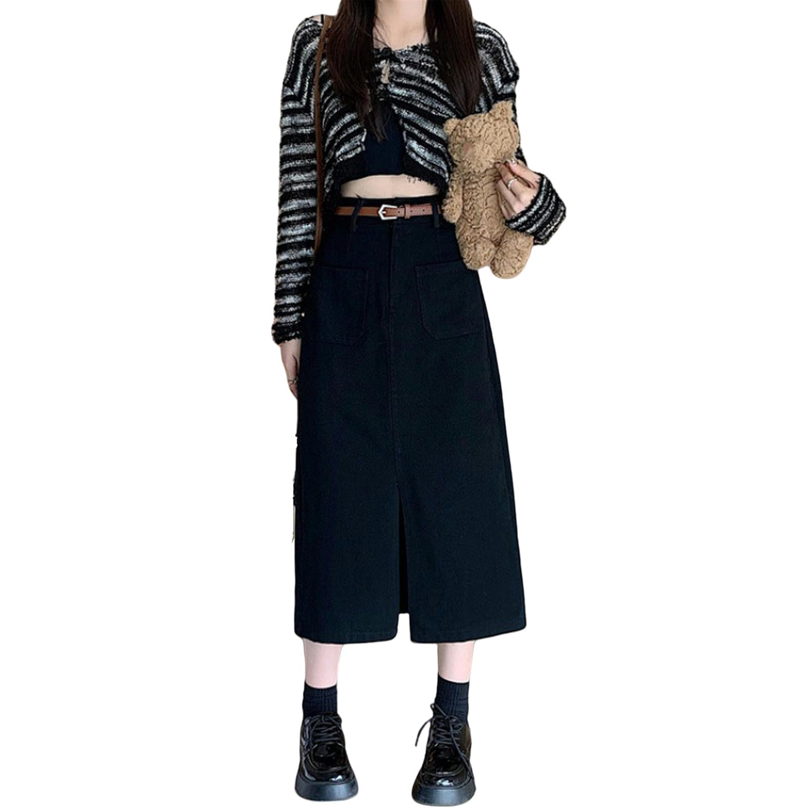Gonna Lunga Donna Gonna delle Donne A Vita Alta Elastica A-Linie Dimagrante Middle Slit Denim Gonna per Le Donne con Cintura Inclusa-Nero-m