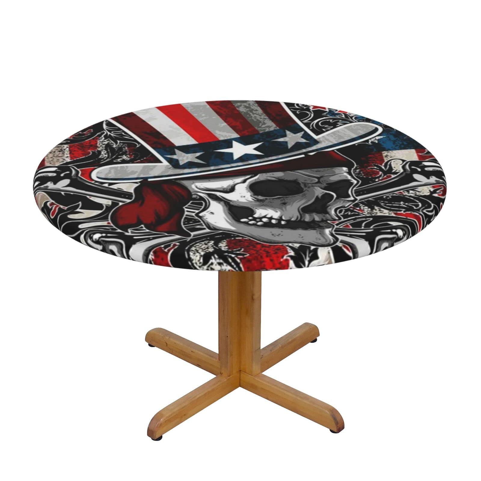 Lsjuee Round Fitted Tablecloth 45-50in Elastic Edged Table Cloth for Kitchen Dining Party Home Decor - America Skull Flag Patriotic Star