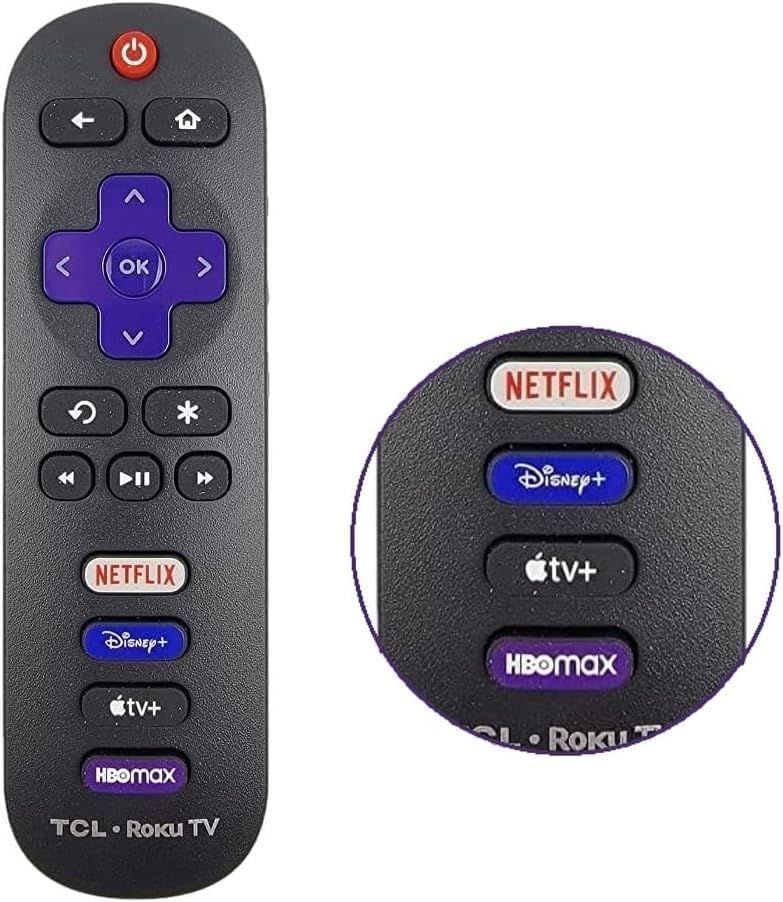 Close-up view of the four dedicated channel shortcut buttons on the remote control: Netflix, Disney+, Apple TV+, and HBO Max.