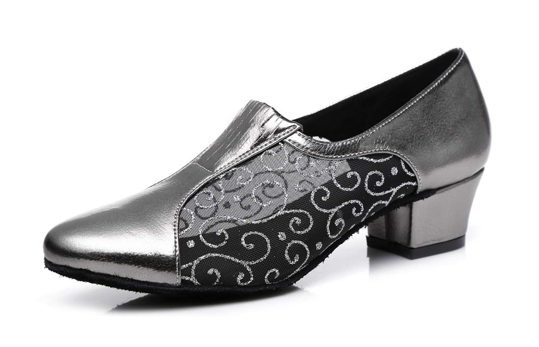 Minishion Women's Closed Toe Slip-on Block Low Heel Salsa Latin Ballroom Dancing Shoes Grey US 5