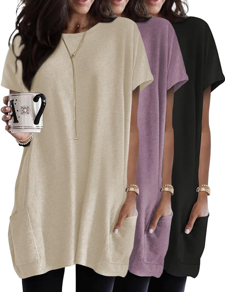 Poetsky 3 Pack Womens Tunic Tops for Leggings Short Sleeve Summer Long T-Shirts with Pockets Loose Tees Blouses