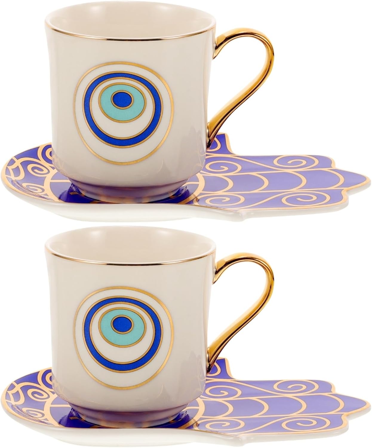 Zerodeko 2-Pack Evil Eye Ceramic Teacup & Saucer Set - Modern, Dishwasher Safe, Lightweight, 10.5x7.5x7.5cm, White, Floral Pattern