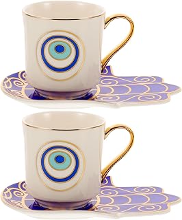 Zerodeko 2-Pack Evil Eye Ceramic Coffee Cup and Saucer Set with Floral Pattern Lightweight Porcelain Mugs for Home Dining and Entertaining Dishwasher Safe 4.13X5.9X2.95 Inches