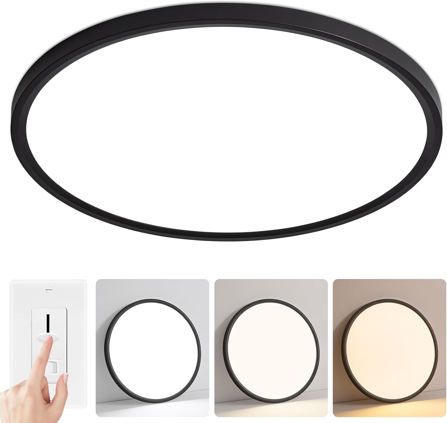 Modern 24'' Led Ceiling Light Fixture, Ultra Thin Flush Mount, Dimmable & 3000K/4500K/6000K Selectable, 48W 4800LM, Black, for Bedroom, Kitchen, Dining Room, Living Room, Home Office, Hallway Black 24 inch