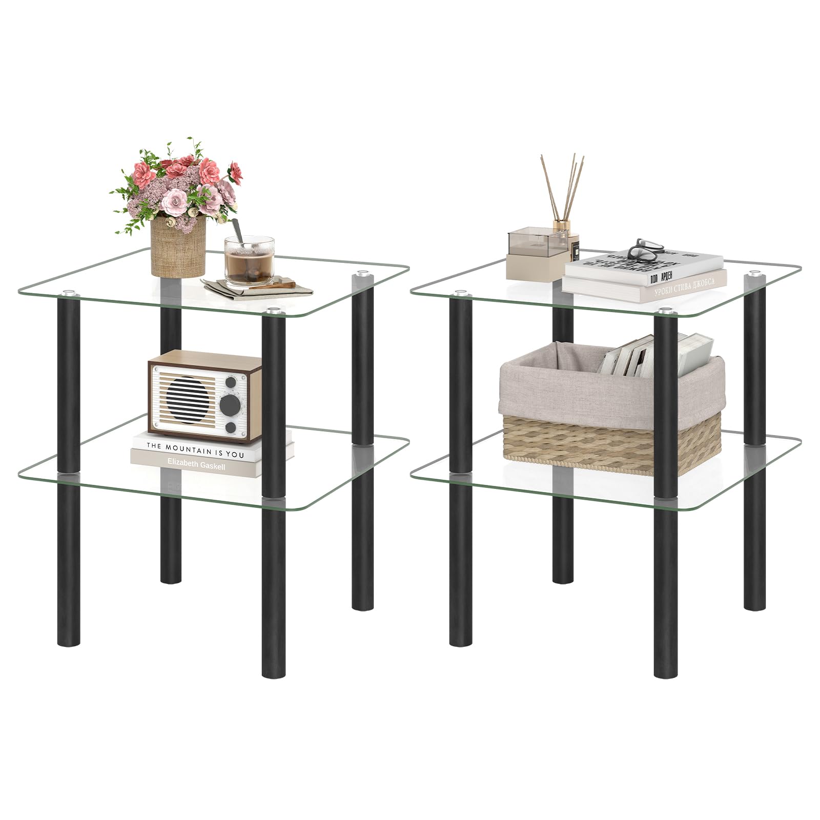 GIANTEX Square End Table Set of 2, 2-Tier Sofa Side Table with Clear Tempered Glass Top &amp; Shelf, Small Accent Table with Solid Rubber Wood Legs for Living Room Bedroom Home Office (Black &amp; Clear)