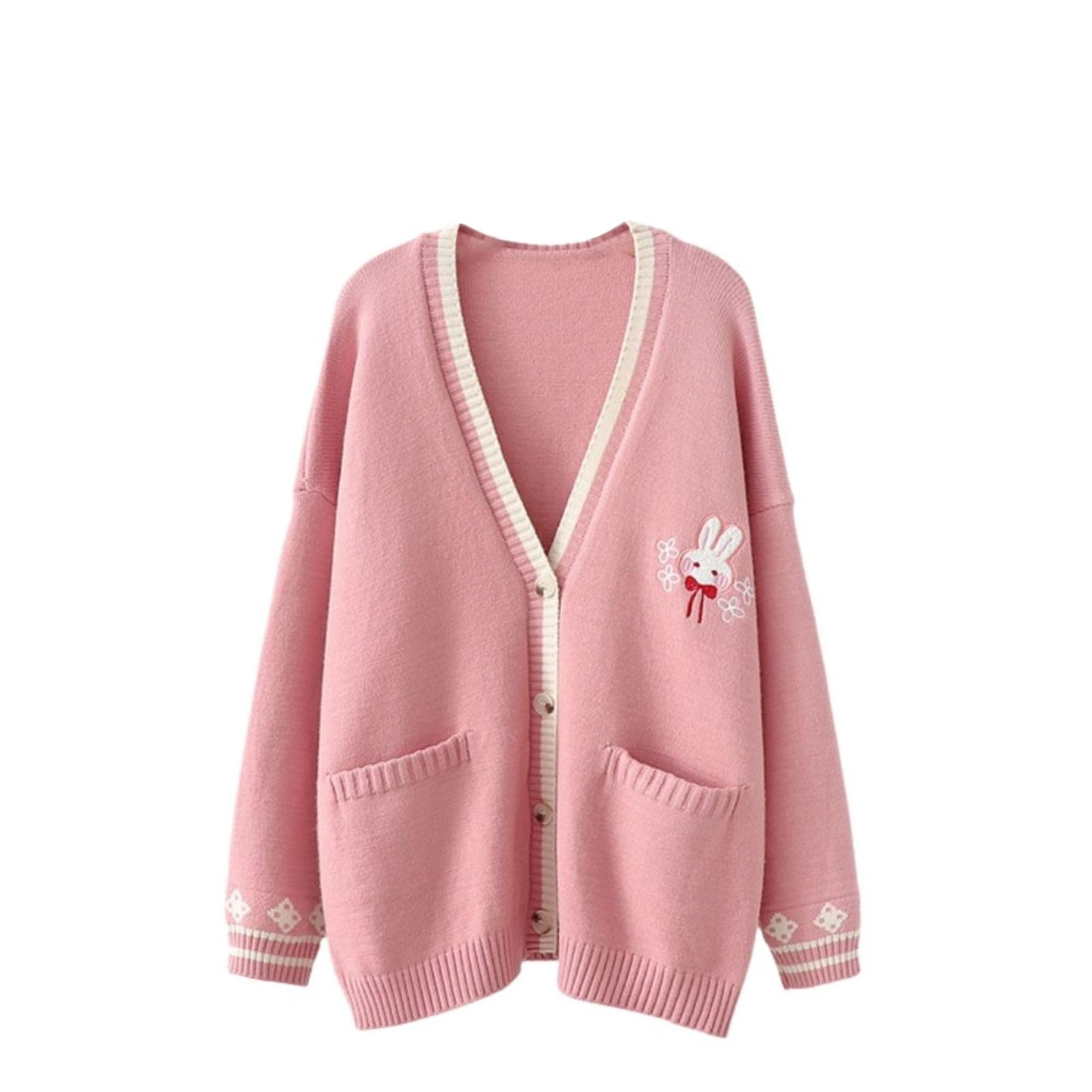 Women’s Cute Rabbit Embroidered Cardigan Long Sleeve Pocketed Kawaii Cardigans Sweater