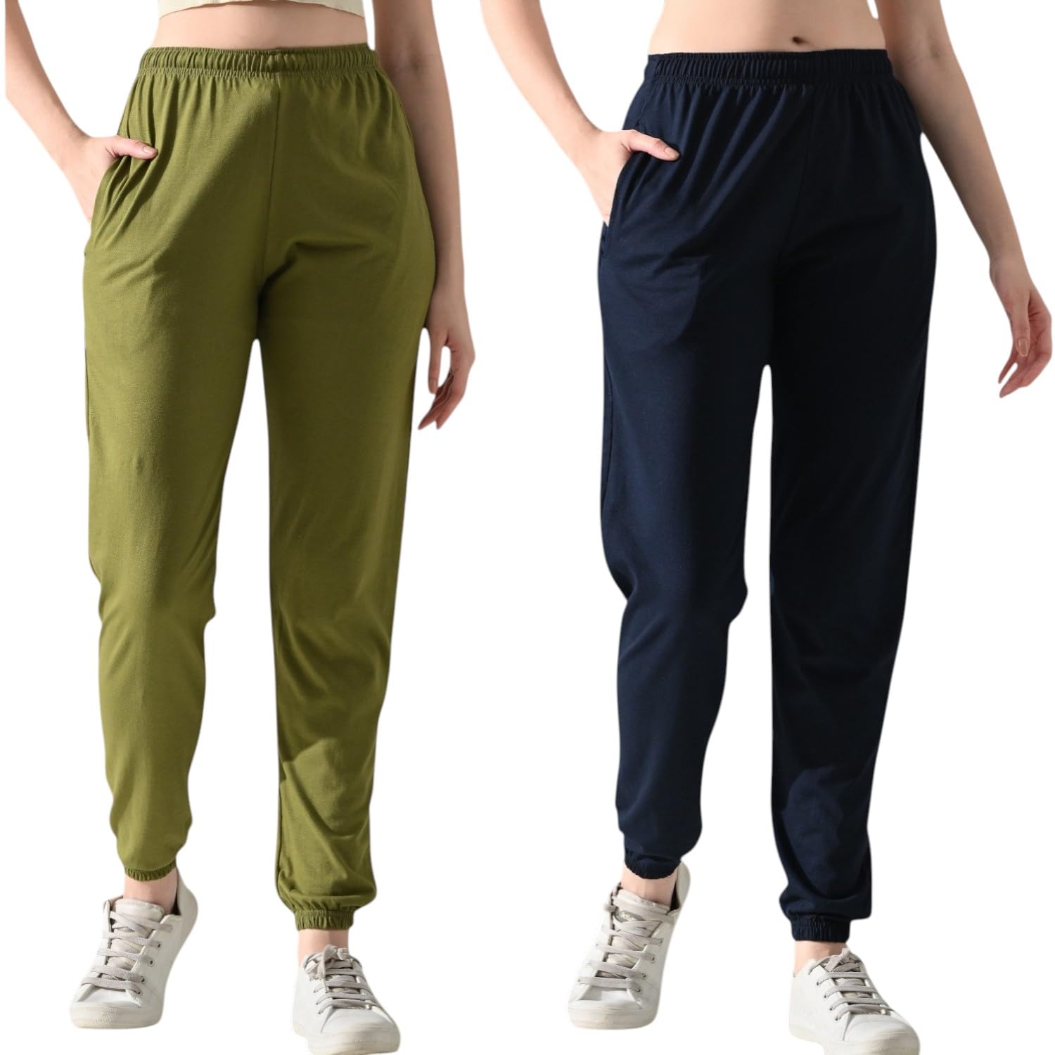 Women Cotton Jogger Pants Pack of 2 | Elastic Waist Track Pants with Pockets | Casual, Lounge-image-5