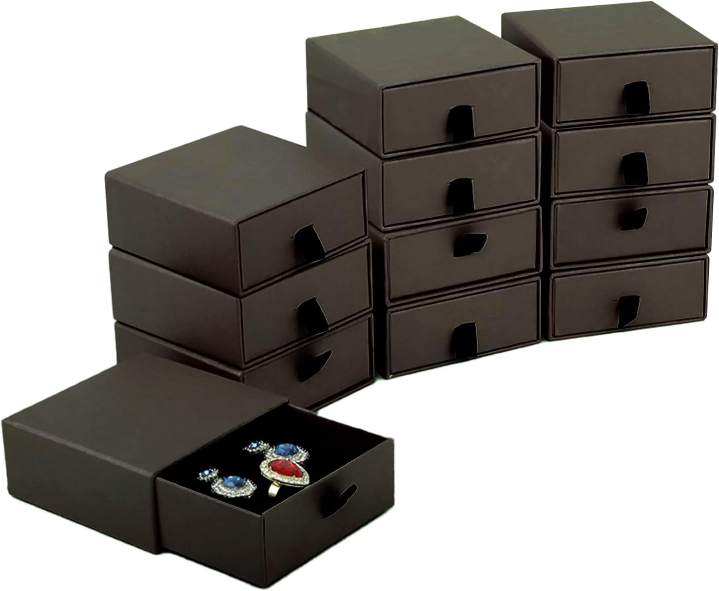 Nsmykhg Jewelry Gift Box Velvet-Lined,12 Pack Compact Drawer Style for Earrings & Rings, Necklace & Bracelet Organizer, 3.93x3.93x1.65 Inches, Stackable Elegant Jewelry Display & Storage Box (Coffee)