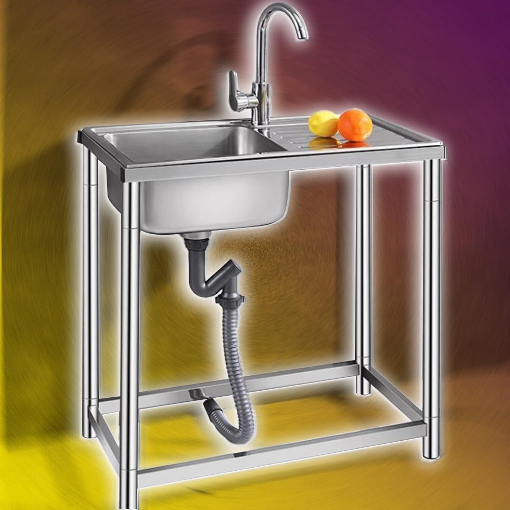 HYSOPSPX Outdoor Sink, Stainless Steel Freestanding Kitchen Portable Utility Washing Hand Basin for Camping and Workbench