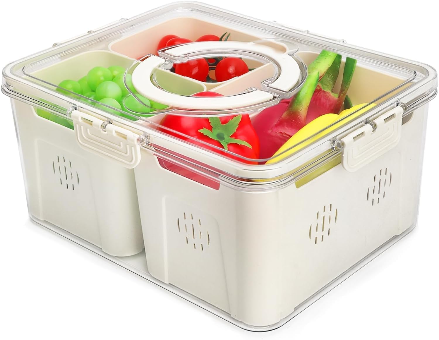 Vasukie Divided Fridge Storage Boxes With 4 Serving Veggie Tray with Lid and Handle, Fridge Organizer with Removable 4 Compartment, Fridge Storage Containers (3 Large Compartment-1PC)