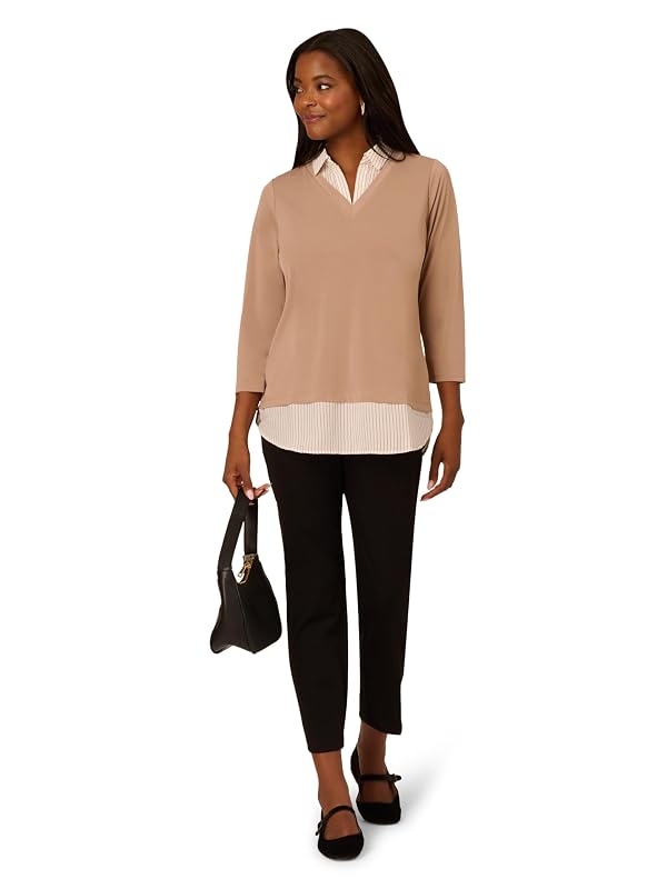 Adrianna Papell Diffusion Women's Print 3/4 Sleeve Open Vneck Knit Twofer, Cocoa W/Cocoa Light Stripe, L by Adrianna Papell - Image 4