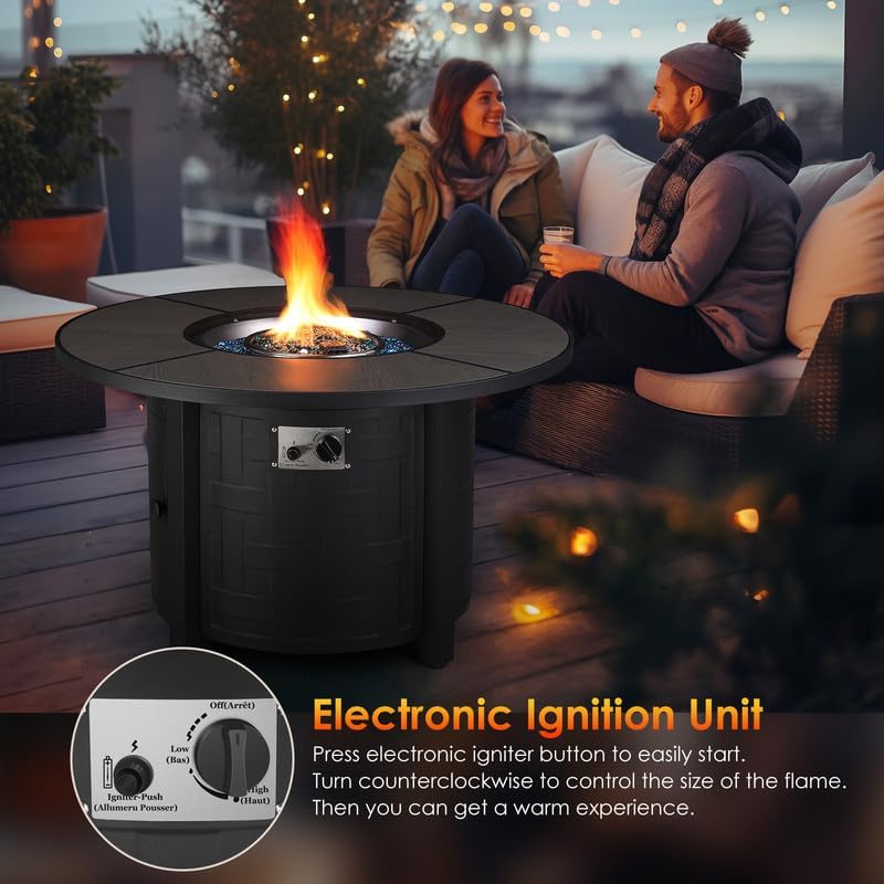 TLGREEN Outdoor Propane Firepit Table, 42Inch, 50,000 BTU Auto-Ignition Rounded Fireplace with Waterproof Table Cover, Lid and Blue Stone,for Patio and Garden