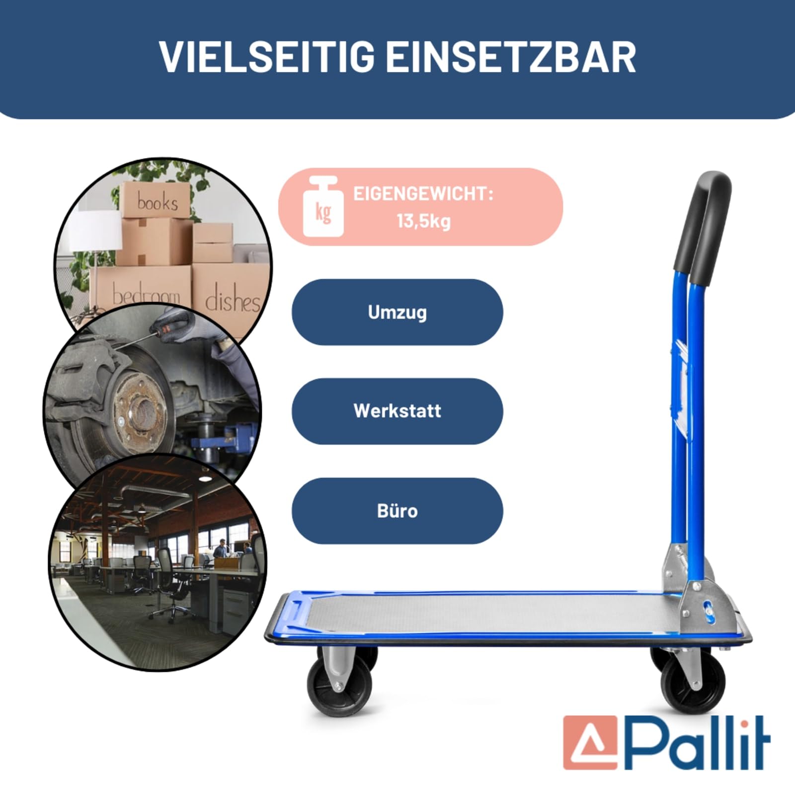 Pallit Carro de transporte plegable carretilla traspaleta manual en color azul, capacidad de carga de 300 kg, plegable, con revestimiento antideslizante, ayuda de transporte