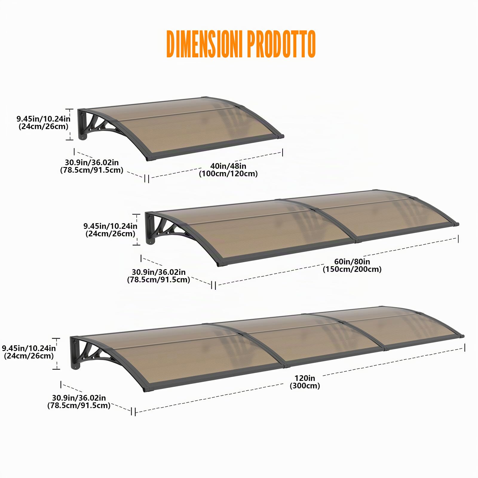 Pensilina da Esterno, 150x80 cm Tettoia per Finestre in Policarbonato - Protezione UV, Pioggia, Neve e Sole per Patio, Giardino e Portico