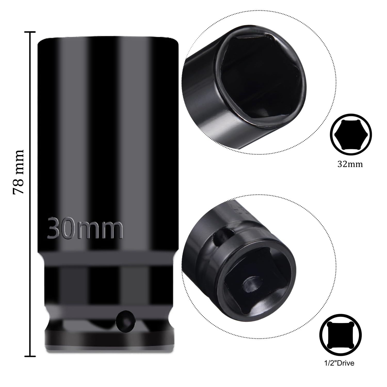 Juttzzei Deep Impact Socket, 1/2 Inch Drive by 30mm, Heat-Treated CR-V Steel Socket with 78mm Length - Image 2