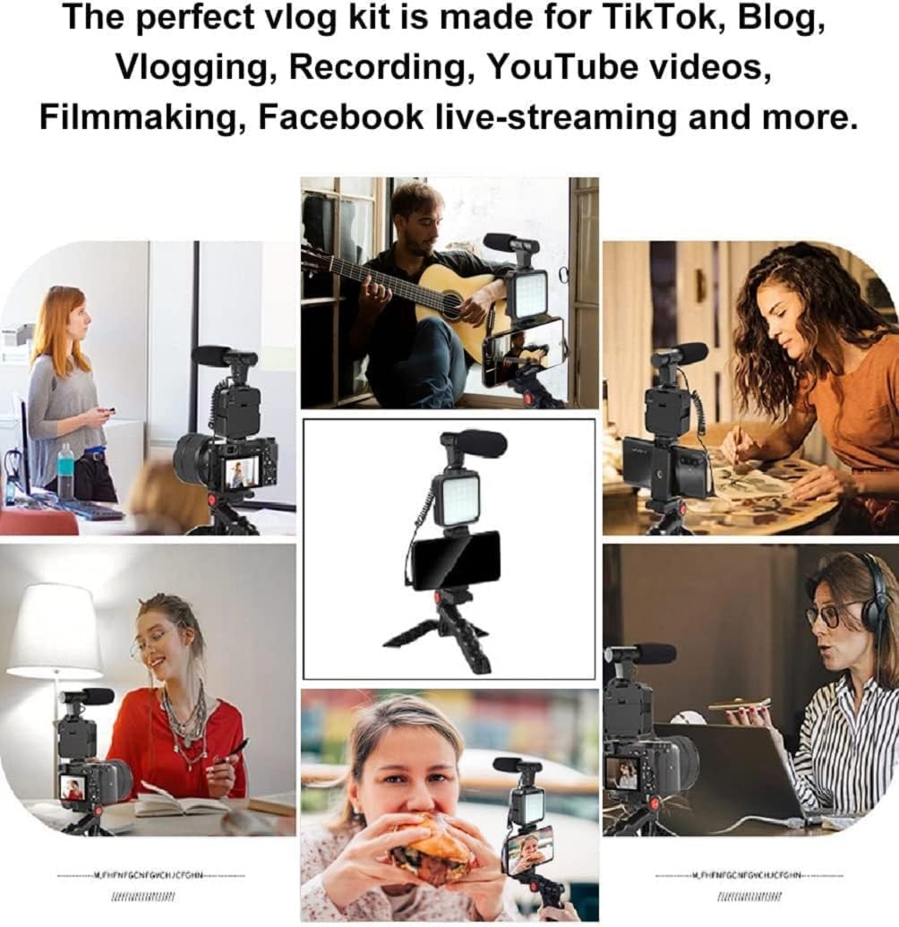 Kit Vlog Smartphone avec Microphone, Lumière LED et Trépied – Set Vidéo Tout-en-Un pour iPhone Android, Youtube, TikTok, Live Streaming, Interview et Création de Contenu