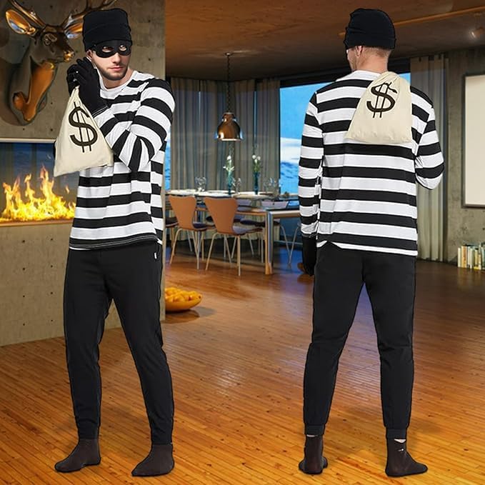 ZhuXIXILiang 6pcs Robber Costume Set for Adult Burglar Costume Set cops and robbers fancy dress with Black & White Striped T-shirt Robber Mask Eye Mask Gloves Canvas Bag Beanie for Halloween Carnival - Image 4