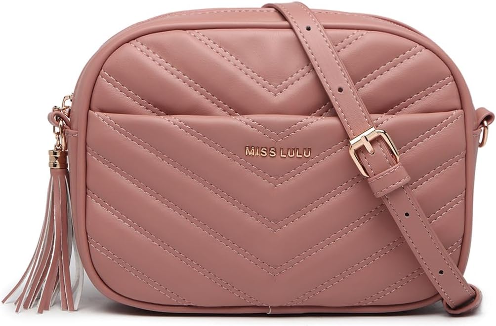 Small Cross Body Bags for Women, Anti-Theft Black Handbag for Travel, PU Leather with Adjustable Strap, V-Shaped Pattern & Tassel Detail