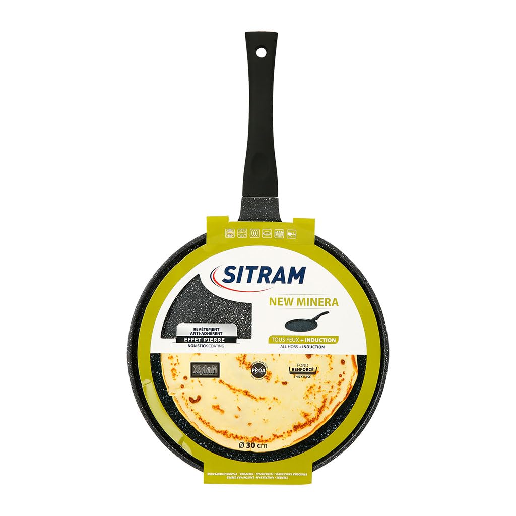 Sitram 714224 Crêpière Fonte d'aluminium Ø 30 cm - Revêtement anti-adhésif sans PFOA Whitford Xylan 2 couches effet pierre - Manche thermorésistant soft touch - Tous feux dont induction