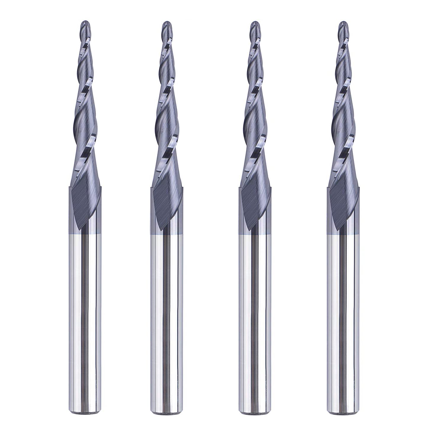 SpeTool 4PCS 2.0mm Diamter Tip ( 1.0mm Radius ）Carbide Ball Nose Router Bit 1/4 Shank TiAlN Coat Tapered Ball Nose End Mill Woodwork Metal CNC Engrave Carving Machine Tools
