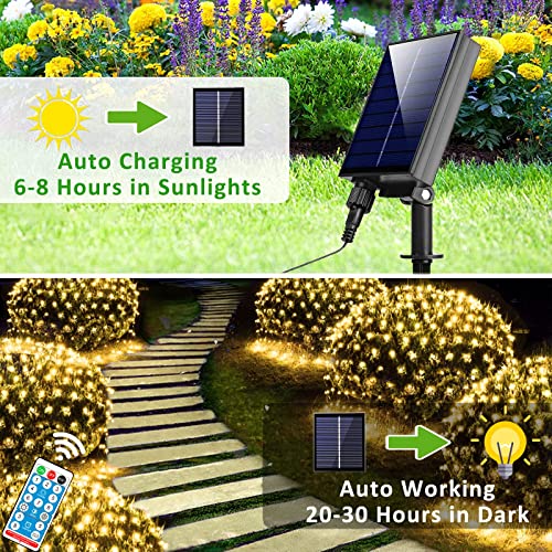 Solar Net Lights Outdoor, 240 Led Warm White Mesh Lights Waterproof, 2 Power Supply 11.5Ft X 5Ft 8 Modes Green Wire String Lights With Remote For Bushes Trees Patio Garden Shrubs Christmas Decoration #TOP1