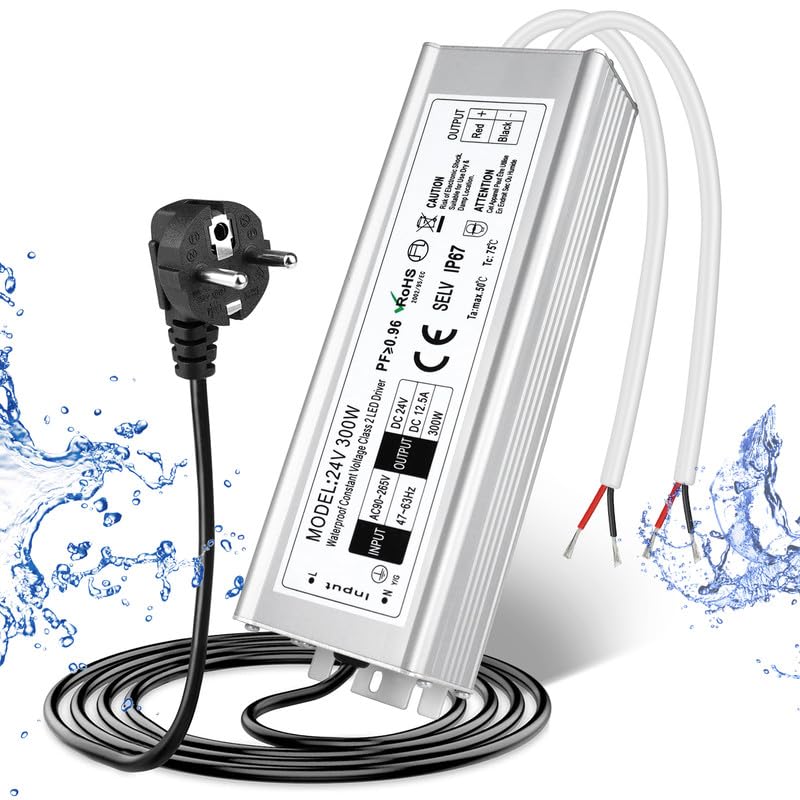 Trasformatore LED 24 V 300 W IP67, trasformatore impermeabile per esterni, con spina, alimentatore a LED, driver da 230 V a DC 24 Volt, adattatore LED Driver esterno per luci LED
