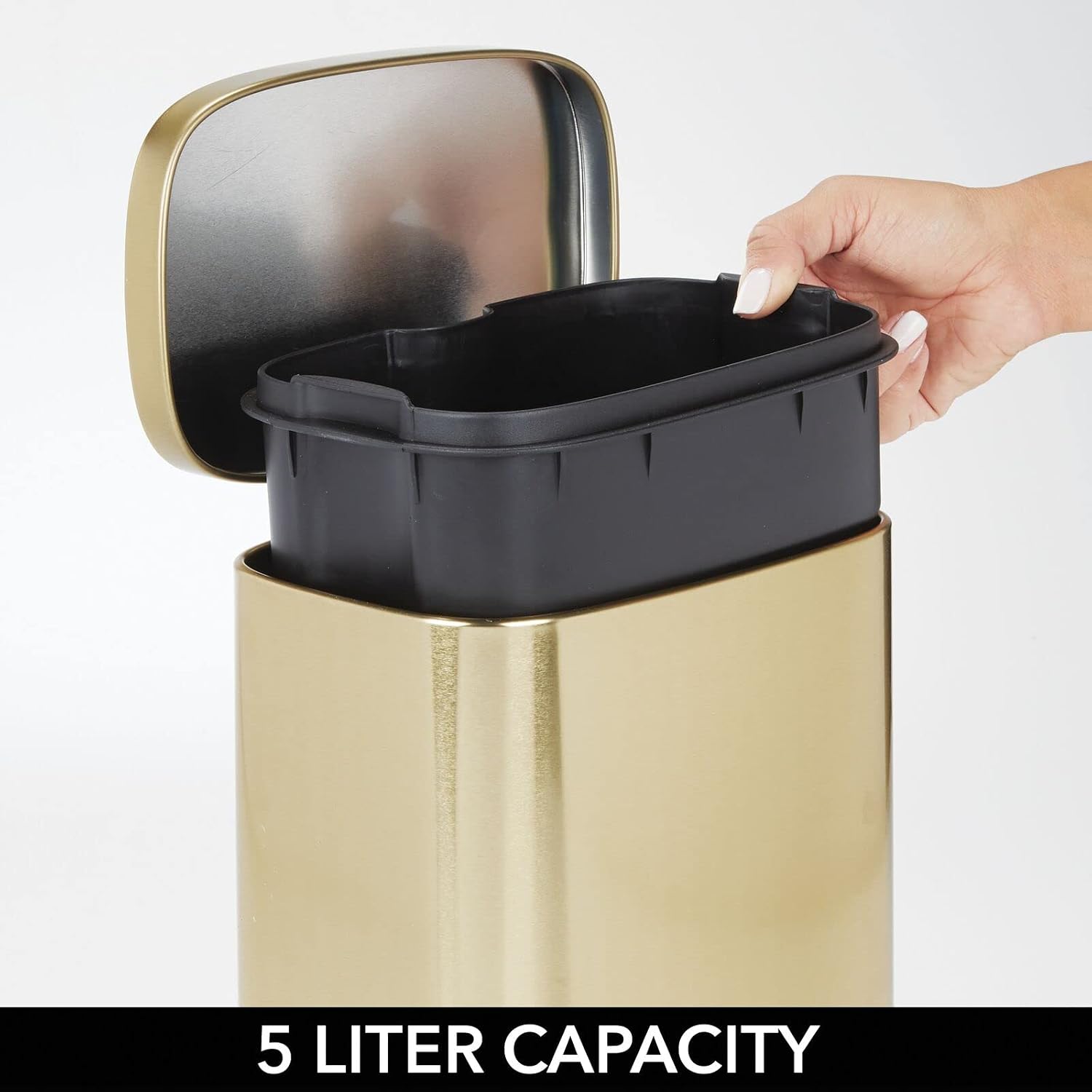 mDesign Stainless Steel Touchless Rectangular 1.3 Gallon Foot Step Trash Can with Lid - Wastebasket Container Bin for Bathroom, Bedroom, Kitchen, Home Office, Holds Garbage, Waste, Recycle, Soft Brass