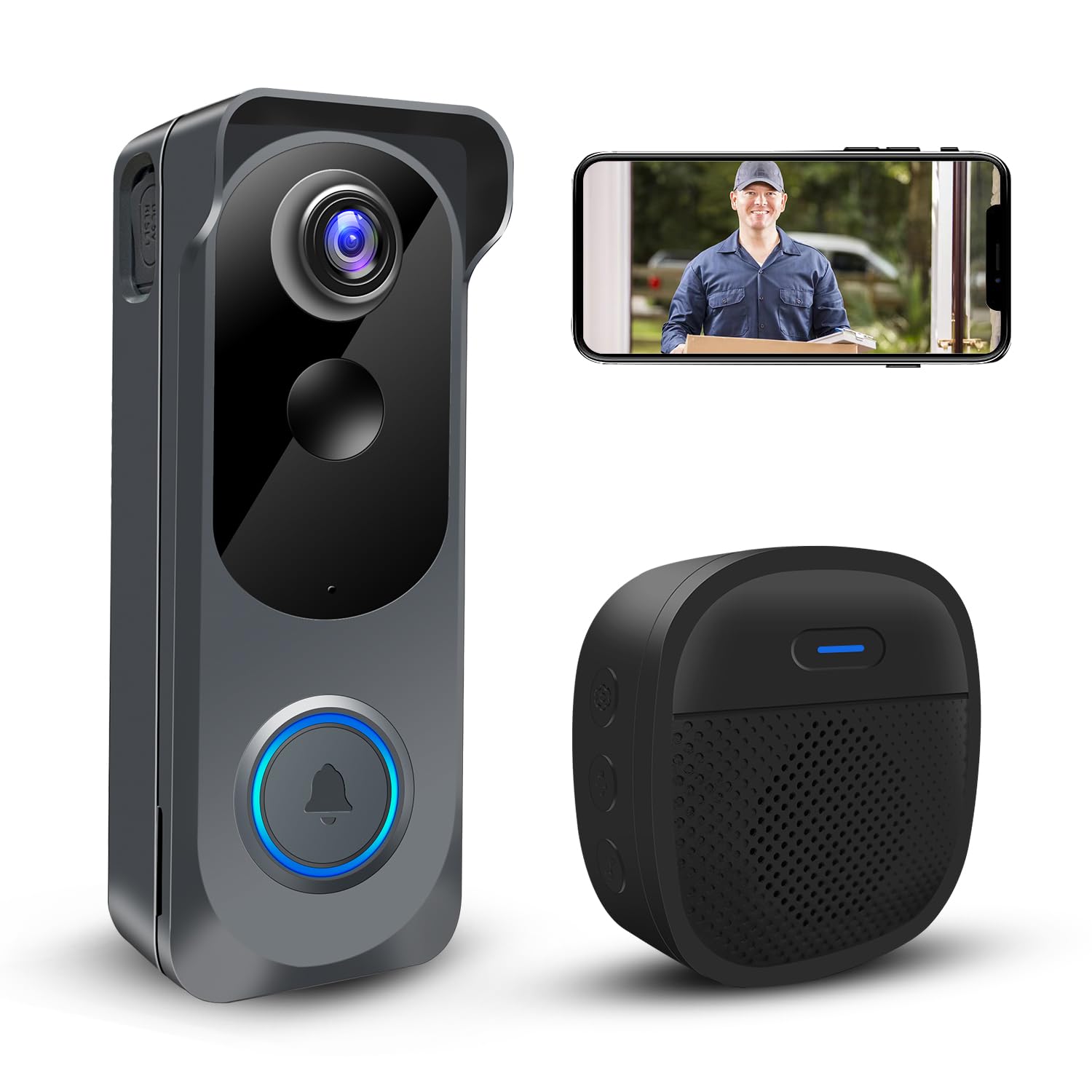 Wireless Video Doorbell Camera with Chime, Voice Changer/Message, PIR Motion Detection, Instant Alerts, 2-Way Audio, 2K HD, Night Vision, 2.4G WiFi, IP66, Battery Powered, Works with Alexa