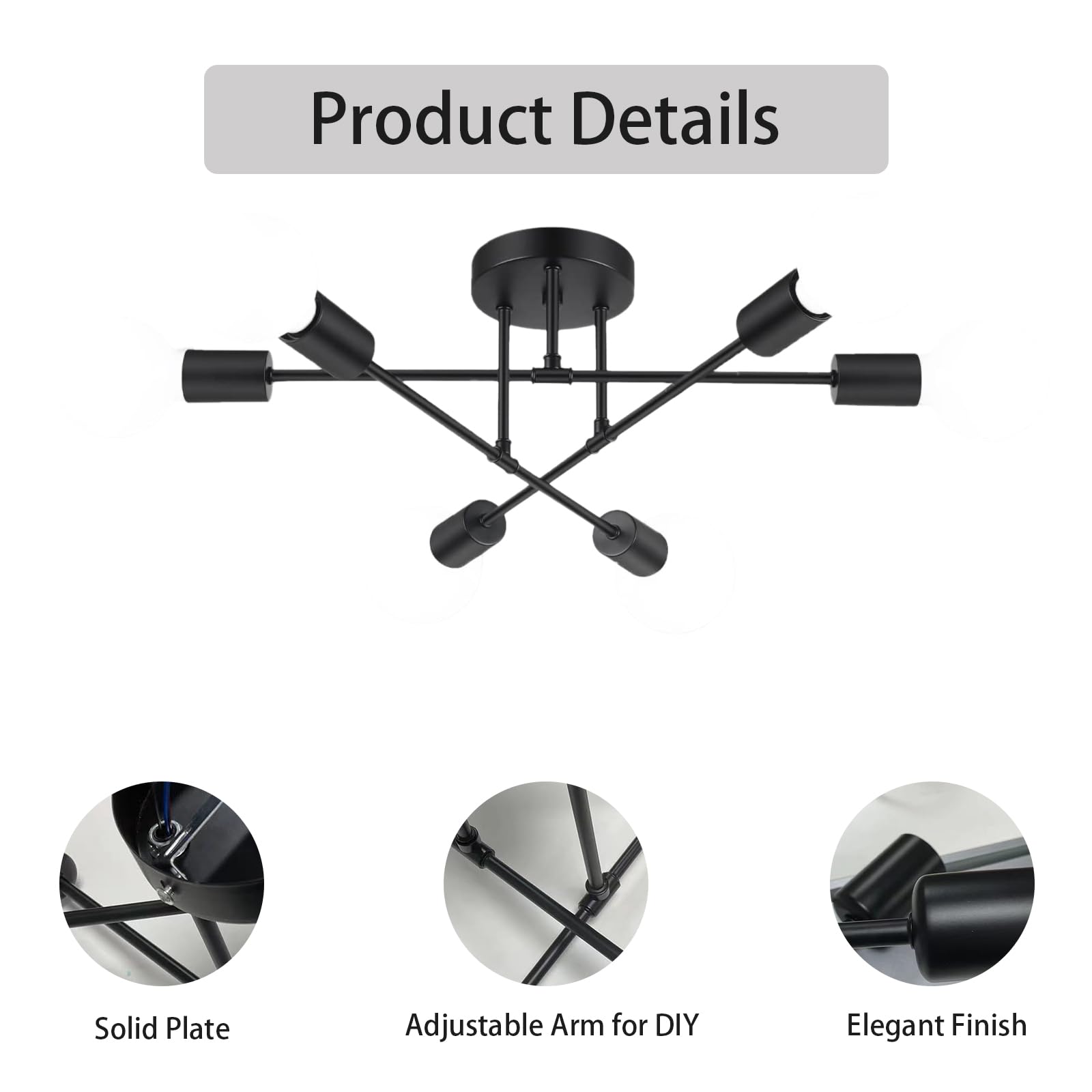 Chandelier Sputnik Ceiling Light, 6 Lights E27 Black Modern Chandelier - Image 2