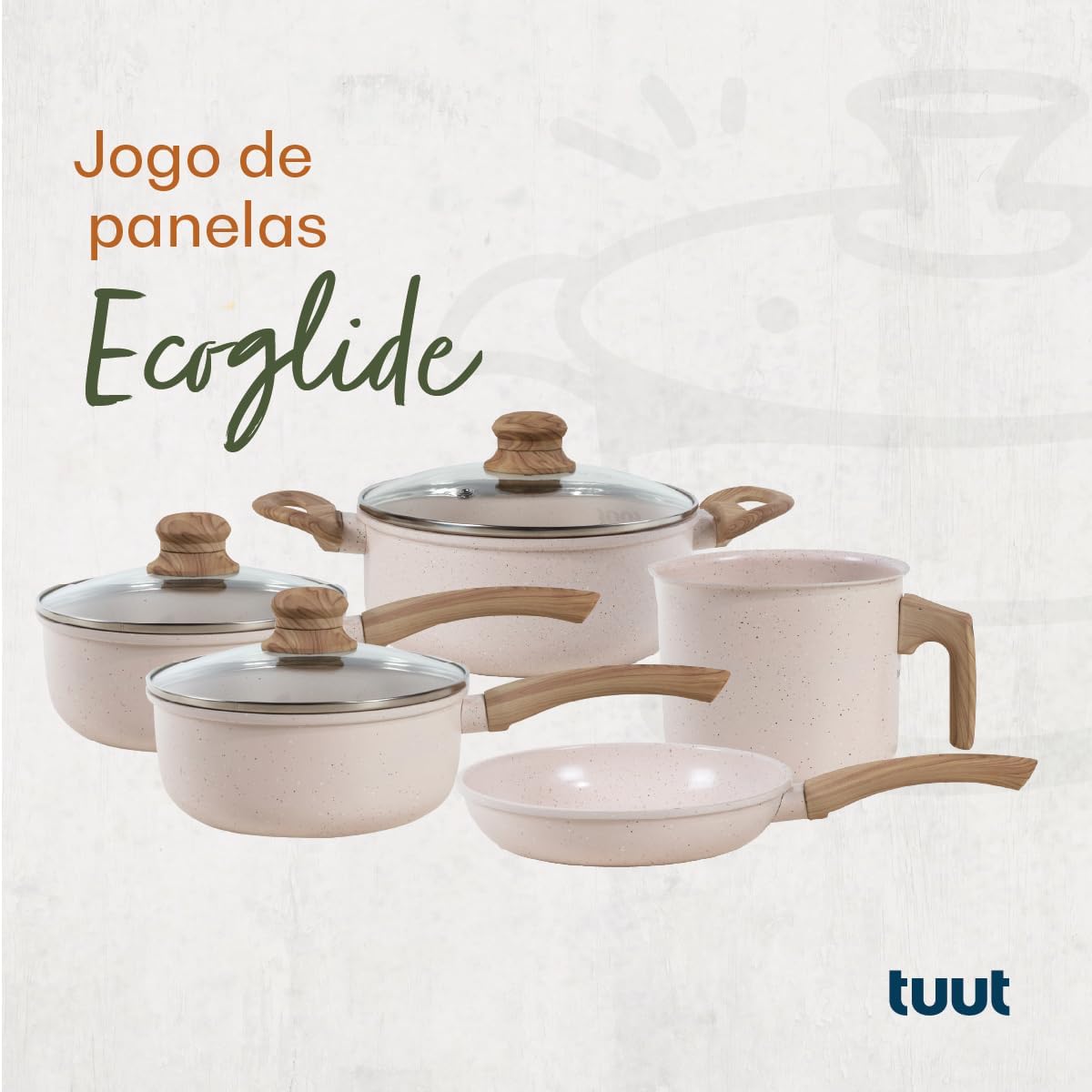 Jogo de Panelas de Alumínio Revestimento Cerâmico com Antiaderente Ecoglide Tuut Vanilla 5 peças Jogo de Panelas de Alumínio Revestimento Cerâmico com Antiaderente Ecoglide Tuut Vanilla 5 peças