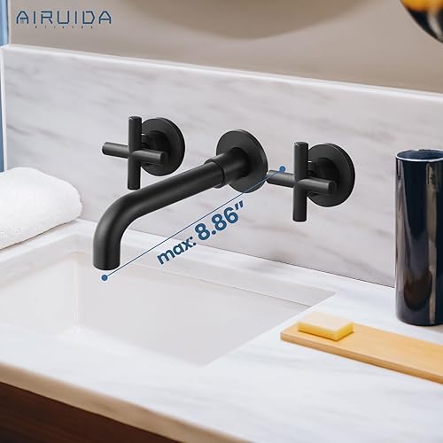 Miniatura 2 de Airuida Grifo de baño de montaje en pared negro mate, latón macizo, grifo de fregadero de baño montado en la pared, grifo giratorio 360 con doble
