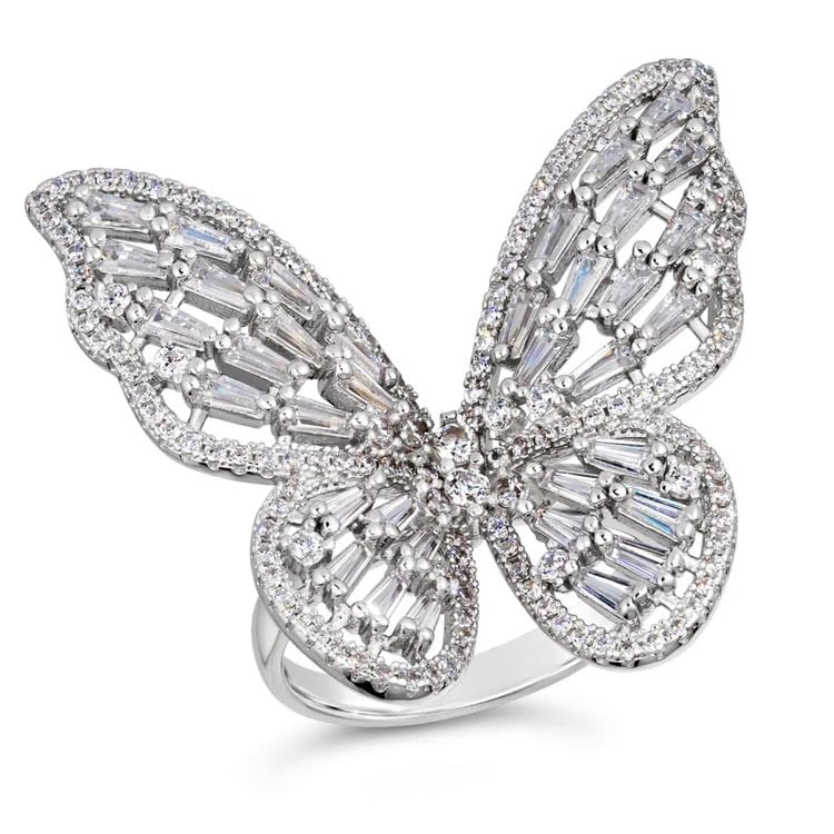 Women's Jewellery Butterfly Ring - Stainless Steel Silver AD Studded Adjustable Ring for Girls - Romantic Gift for Wife Girlfriend Promise