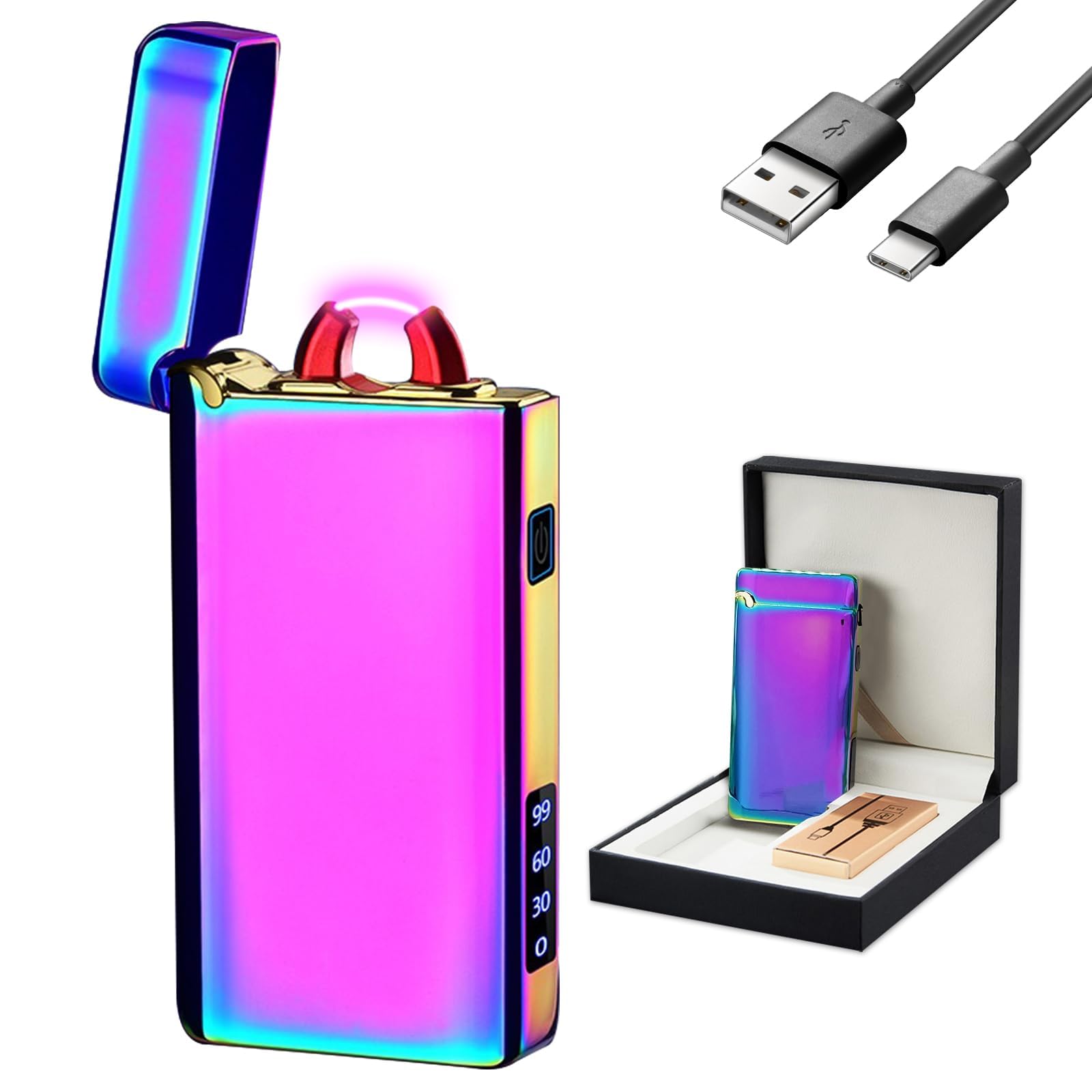 GADATOP Cool Lighter Plasma Arc Lighters Rechargeable USB-C Lighter Electronic Lighters Windproof High Power Flame Metal Body With LED Light Power Display For Gifts Candle Fireplace Camping (Farbe）
