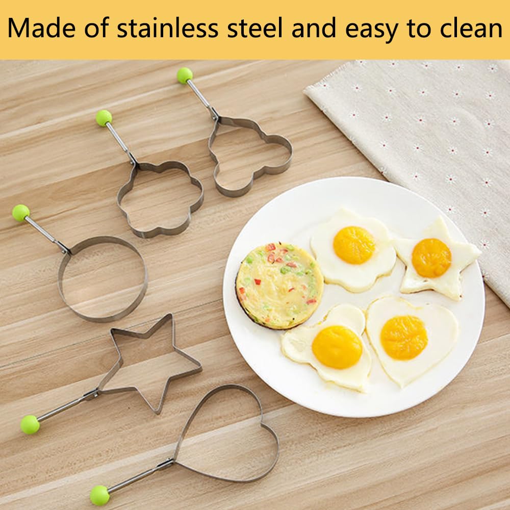 Stainless Steel Egg Cooking Rings - 5 Pack Griddle Set, Heart, Flower, Star, Micha, Round Pancake Molds, Yellow - Image 4