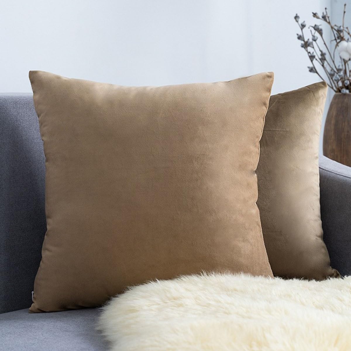 SWJ-swjssb Sofa Throw Pillow Covers Set Of 2 Pillow Cases Velvet Decorative Soft Pillow Cover Lumbar Cushion Case With Zip Couch Pillowcases For Sofa Bed Home Decorative(Dark Camel,45x45 cm Set of 2)