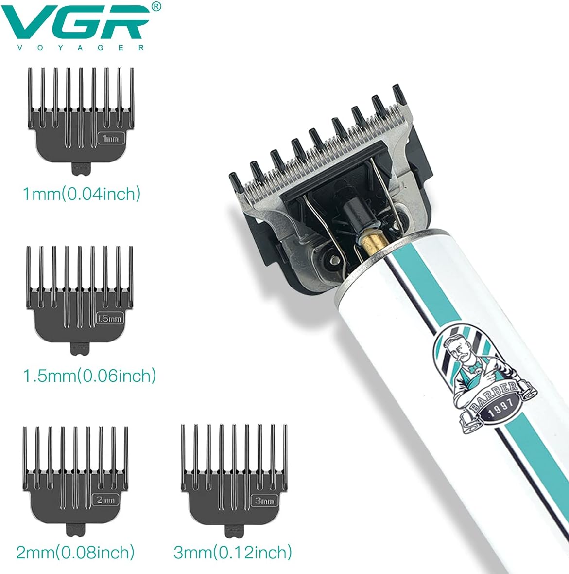 VGR V-079 Trimmer with various guide comb sizes: 1mm, 1.5mm, 2mm, and 3mm.