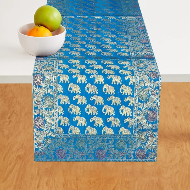Image of Living Room Decor Handmade Banarasi Silk Table Runner for Center /Dining Table (16 x 60 Inches) (Heavy Zari Brocade ) (Turquoise)