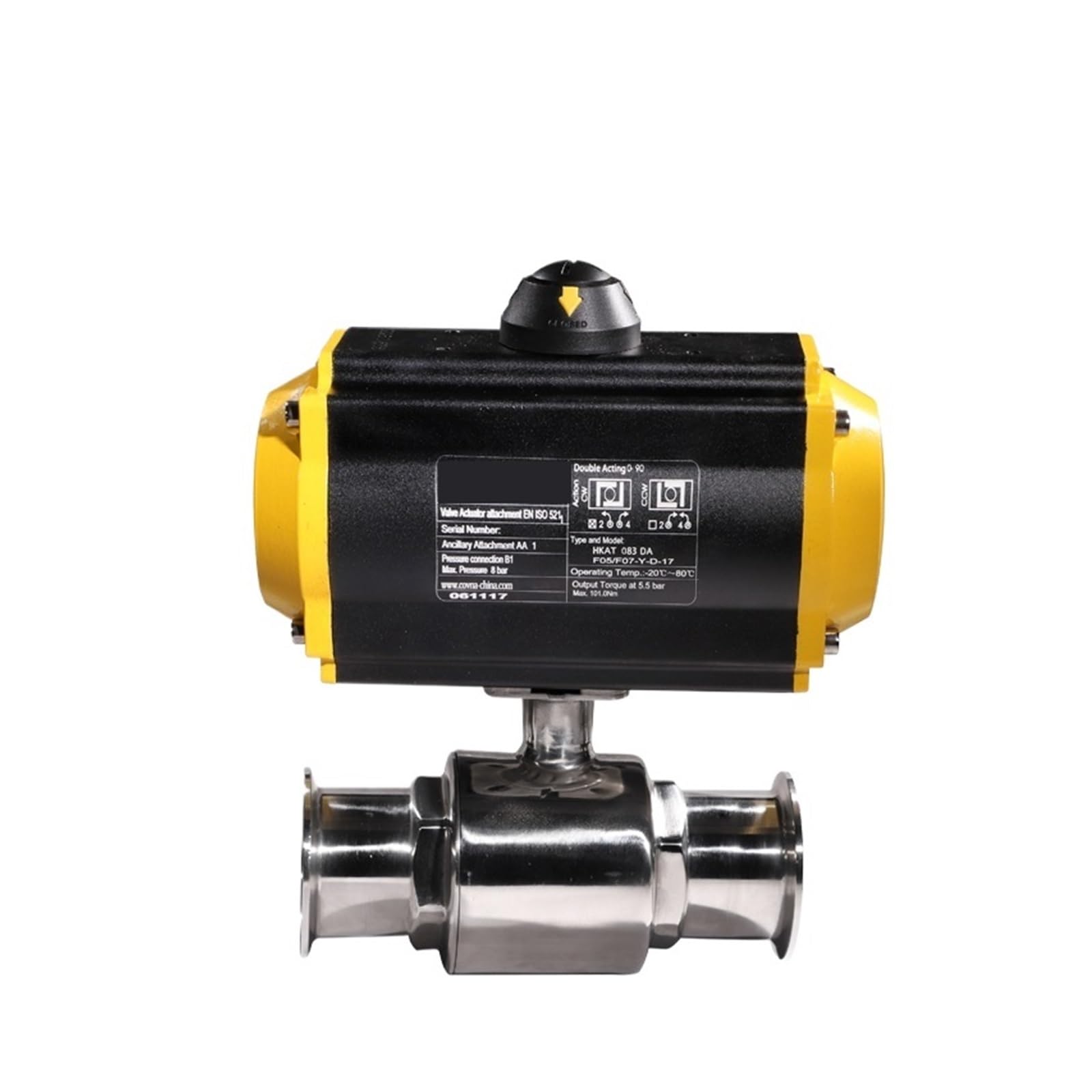 Valvula motorizada Válvula de Bola de Abrazadera neumática de 2 vías, Doble Efecto, Φ19, diámetro Exterior de 50,5 mm, diámetro Interior de 16 mm, SS304