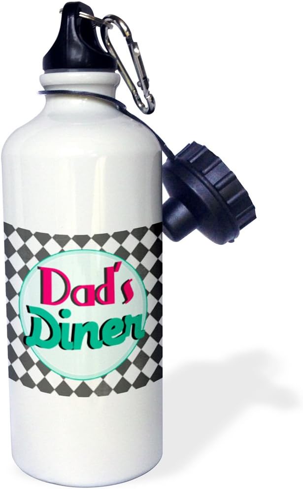 3dRose "Dads Diner on black-Retro hot pink turquoise teal blue 1950s style 50s fifties kitchen Fathers day" Sports Water Bottle, 21 oz, White