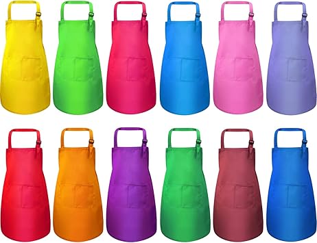 SATINIOR 12 Pcs Kids Apron for 2-13 Age Adjustable Children Chef Art Smock with Pocket for Girl Boy Activity(Multi-Color,L for 7-13 Age)