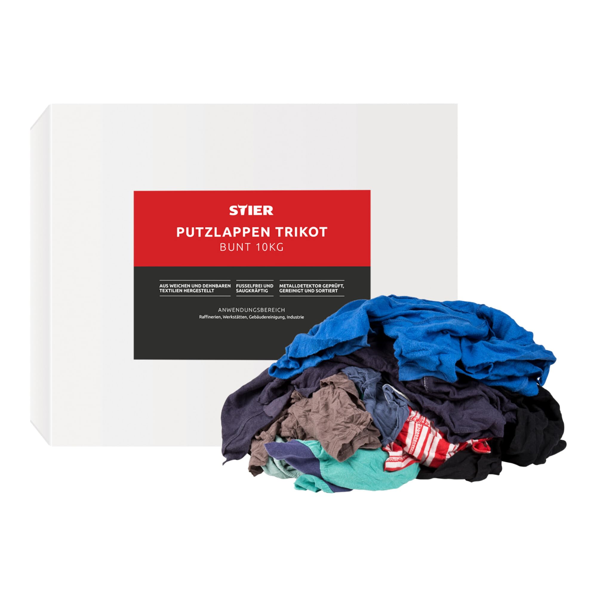 STIER Putzlappen Textil, bunt, 10 kg, Reinigungstücher, Trikot Putzlappen, Putztücher zur professionellen Reinigung, Fusselfrei und Saugkräftig, Poliertücher