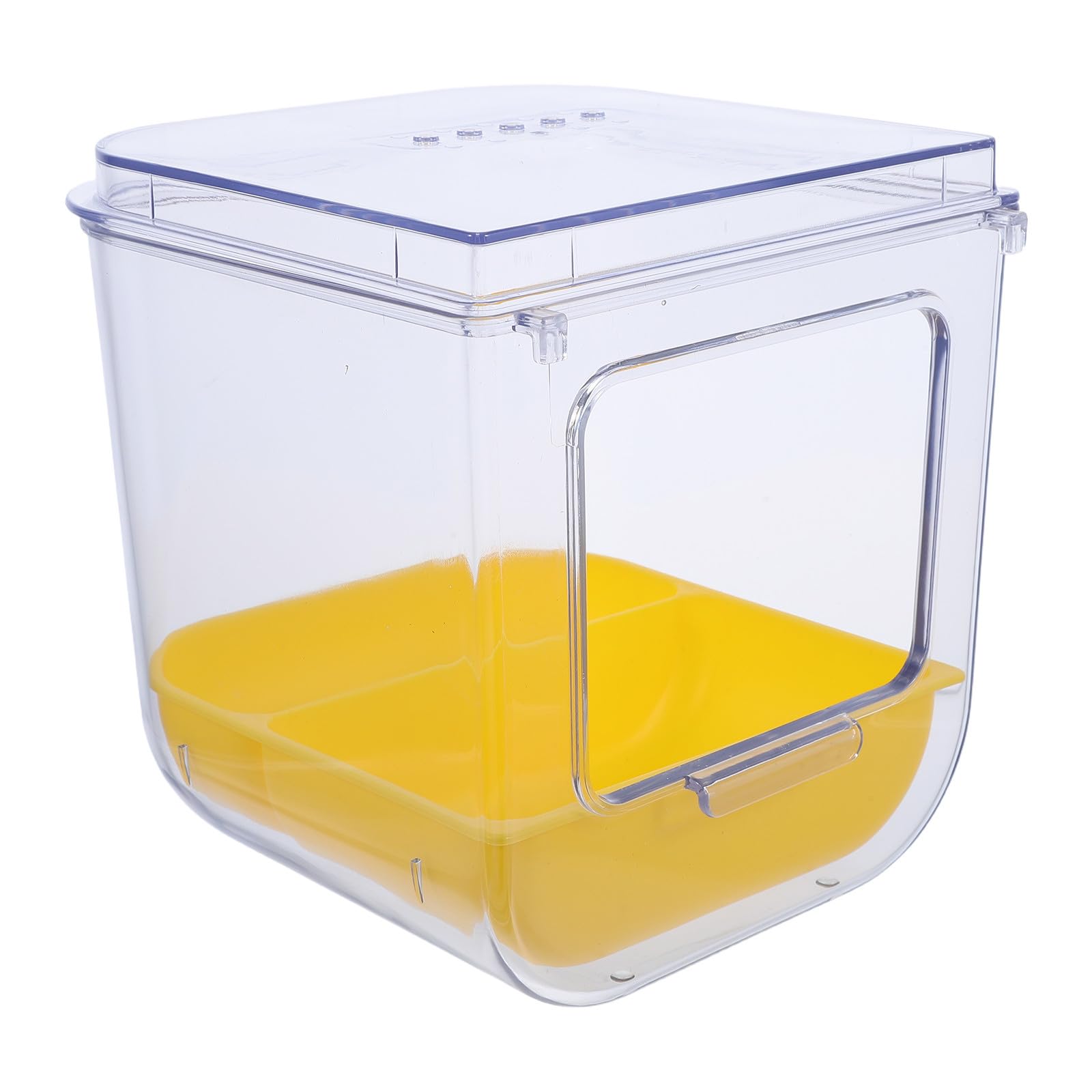 Baño para periquitos que evita suciedad con bandeja desmontable y acrílico amarillo