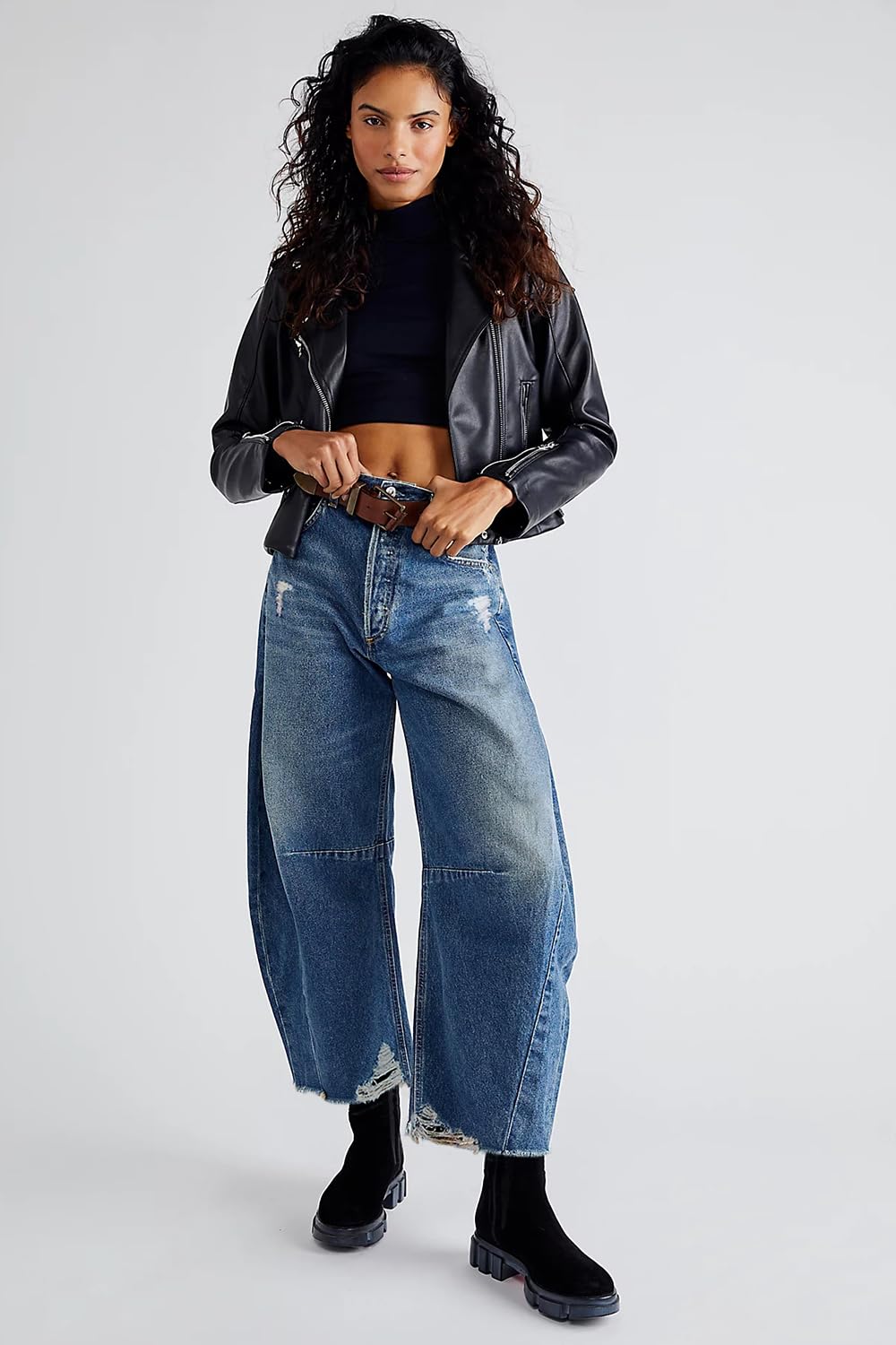 Allimy Damen-Jeans mit hoher Taille, Hufeisen, Baggy-Jeans, trendig 2026, mit rohem Saum, nicht dehnbar