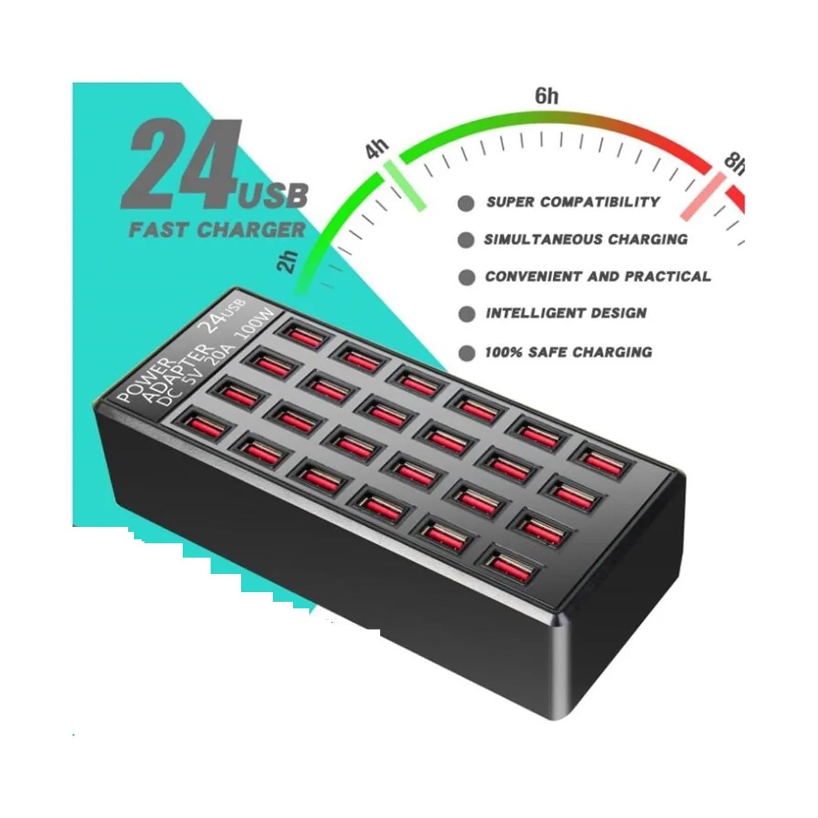 Chargeur USB 12 24 Multi-Ports HUB 100W, Station de Charge Universelle, Adaptateur d'alimentation Mural de Bureau for téléphones Mobiles,Gain De Place(24-Port USB(100W))
