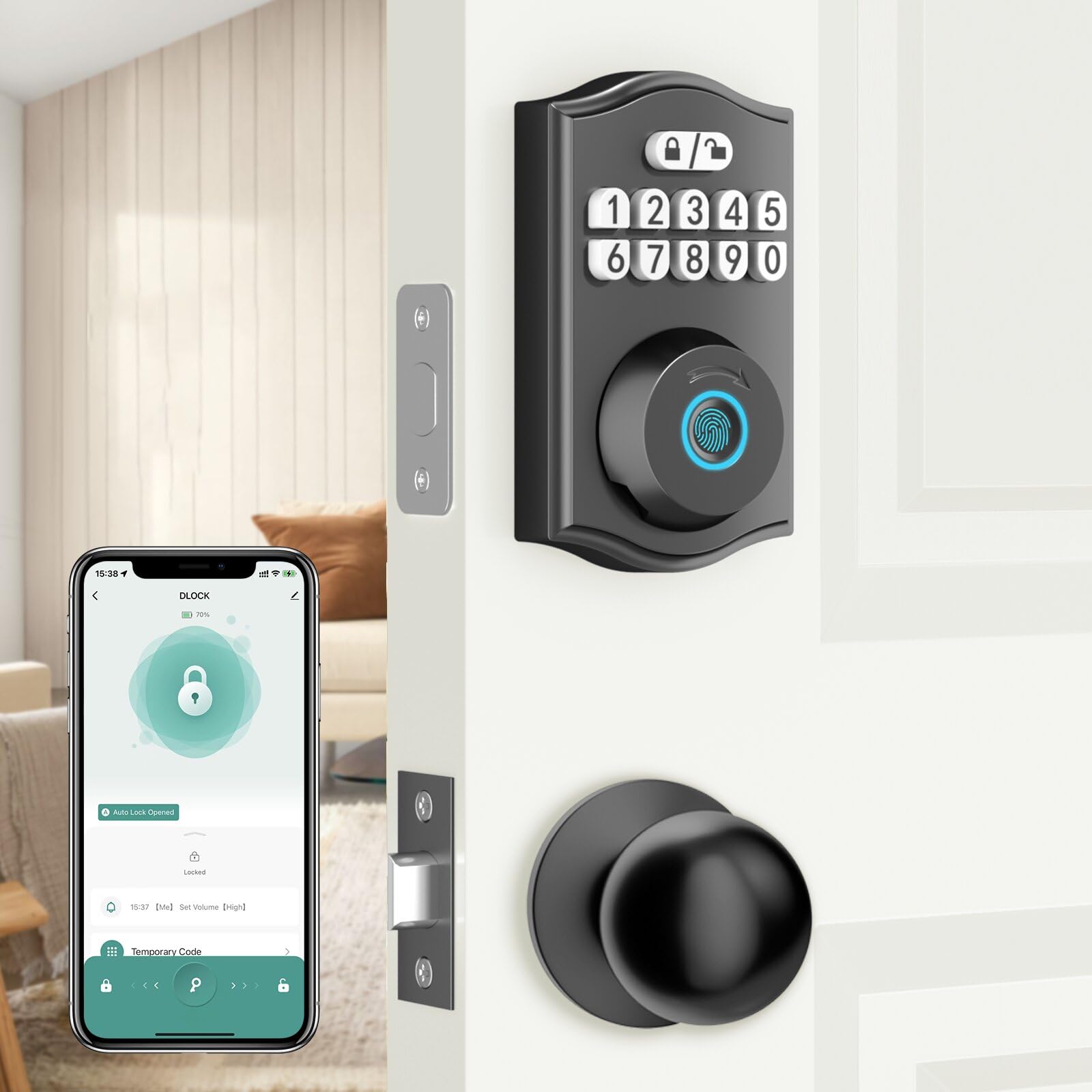 Serratura per porta d'ingresso senza chiave con set di maniglie, tastiera elettronica Deadbolt Smart Set di serratura per porta anteriore con 2 manopole, controllo APP, impronte digitali,