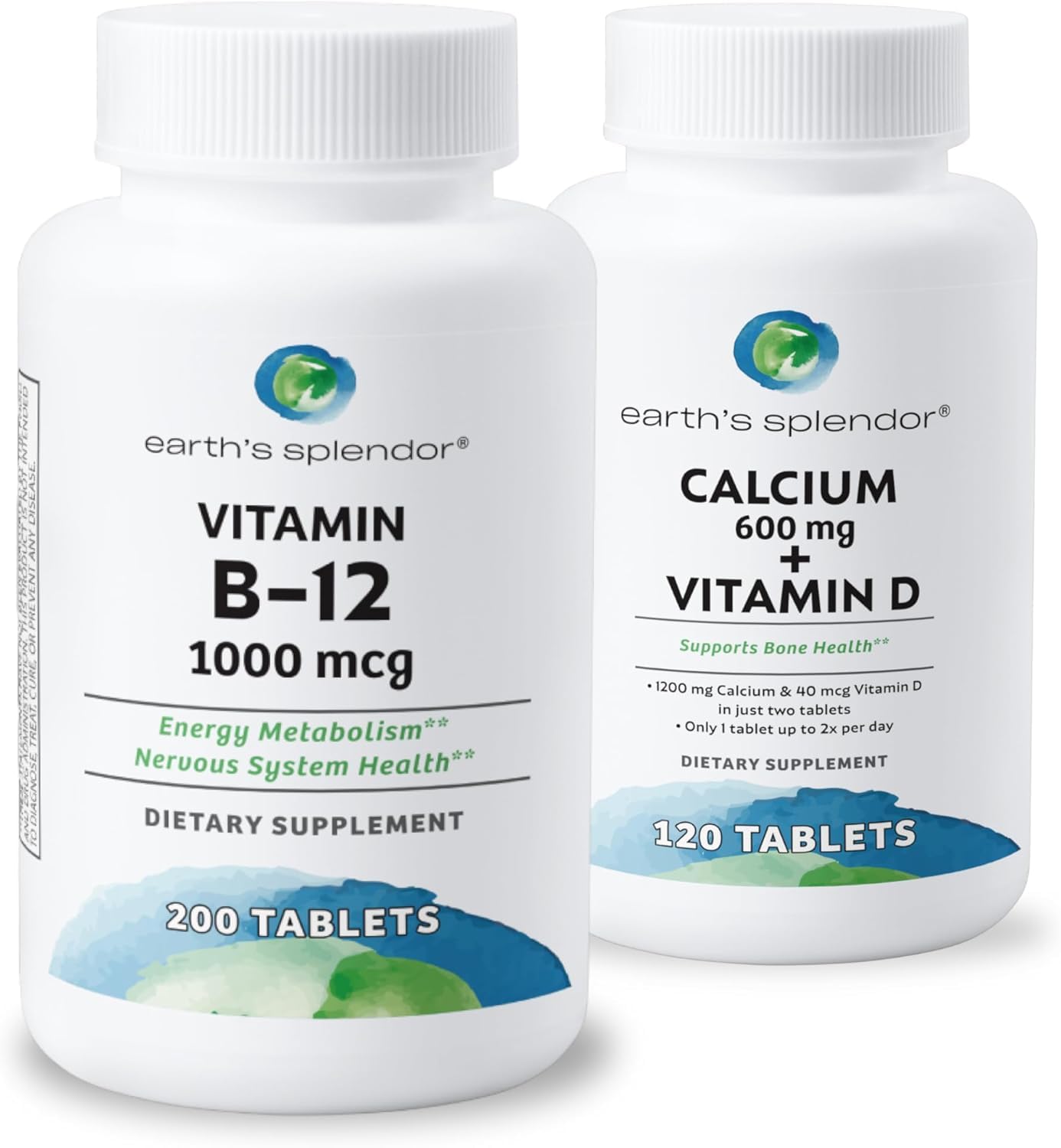 Earth's Splendor Energy + Bone Support Energy Bundle: Vitamin B12 &amp; Calcium+Vitamin D, Gluten Free, No Artificial Flavors or Colors, Helps Energy Metabolism